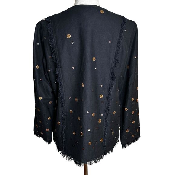 Indigo Moon Embellished Black Fray Linen Blend Jacket M | Boho Western Artwear - Picture 2 of 7